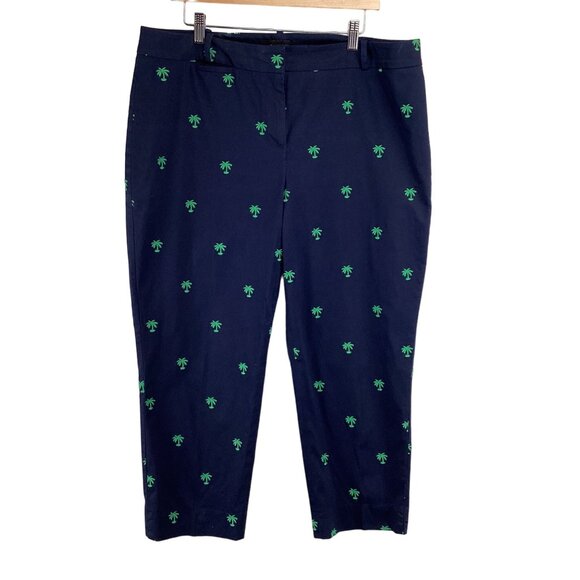 Talbots Curvy Fit Pants Size 16 Ankle Navy Blue Green Palm Tree Embroidery - Picture 2 of 9